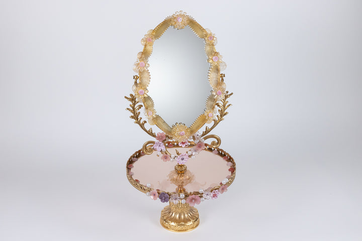 Venetian Glass Mirror Table With Rose And Gold Flowers