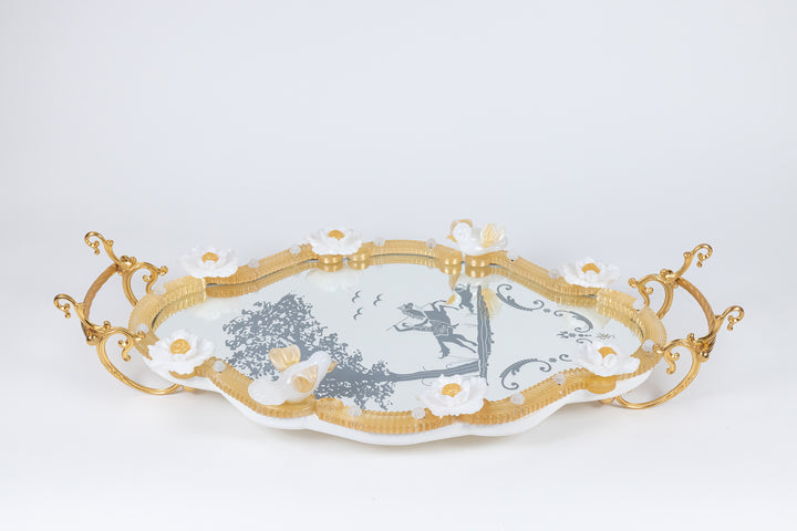 Engraved Mirror Tray With Gold And White Pattern